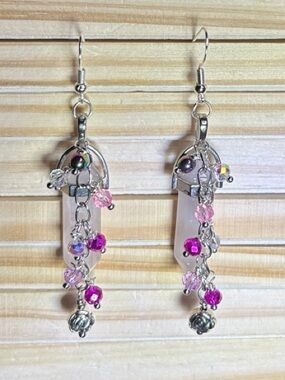 3/$25 Rose Quartz Point Drop Earrings with Pink Crystal Accents